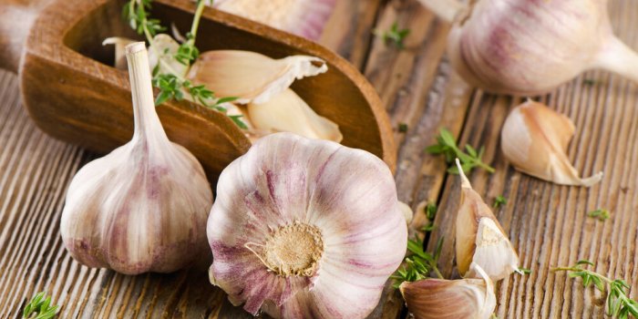 garlic on a wooden board selective focus