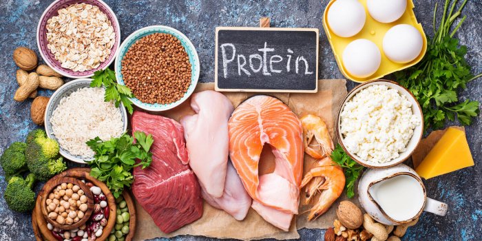healthy food high in protein meat, fish, dairy products, nuts and beans top view