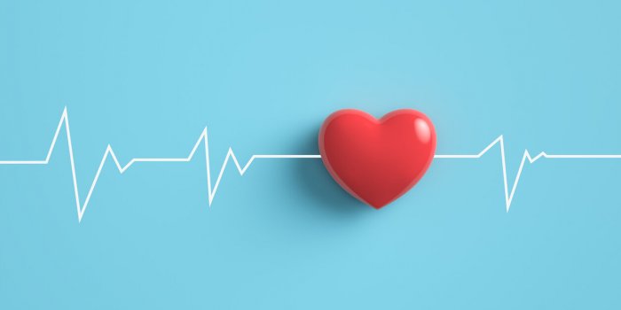 cardiogram pulse trace with red heart on pastel blue background 3d rendering