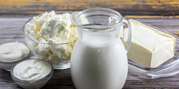 fresh dairy products, milk, cottage cheese, yogurt, sour cream and butter on a wooden background