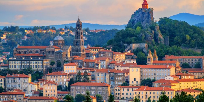 panoramic view of le puy-en-velay old town, the cathedral and notre dame de la france