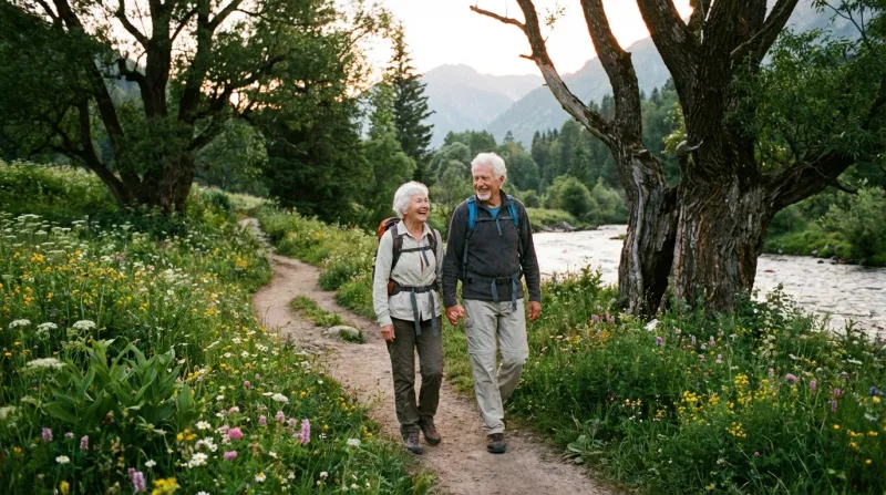 couple de seniors qui marche dans un environnement naturel