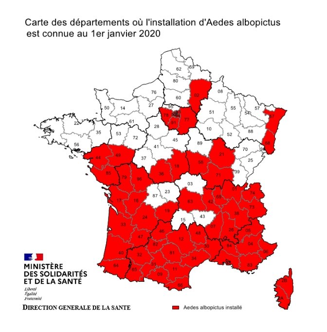 Carte de l&apos;implantation du moustique-tigre en France en 2020