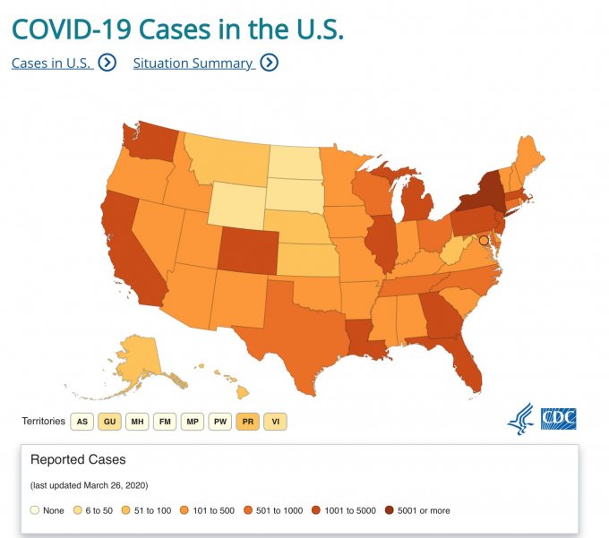 Carte du nombre de cas aux États-Unis