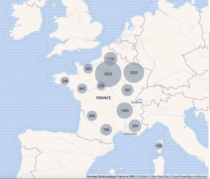 Nombre de cas de nouveau coronavirus hospitalisés par régions française le 28 mars