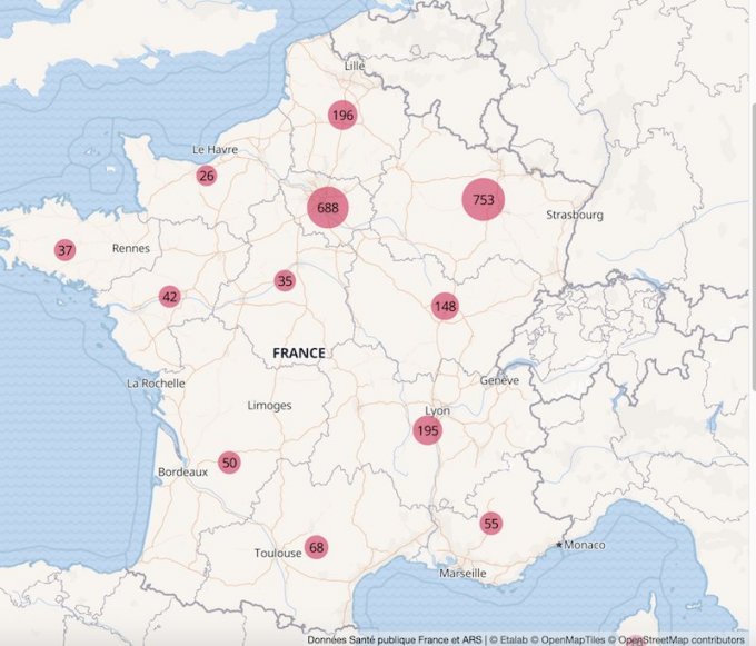 Carte des décès en hôpital par région dus au Covid-19 en France le 28 mars 2020