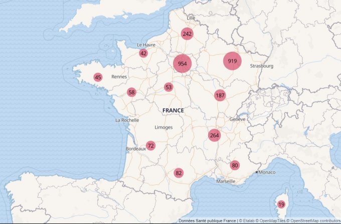 Carte des décès en hôpital par région dus au Covid-19 en France le 30 mars 2020