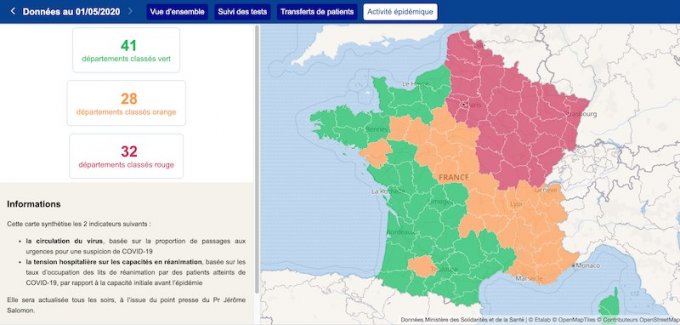 Carte : état de circulation du virus et tensions hospitalières en réanimation par départements en France