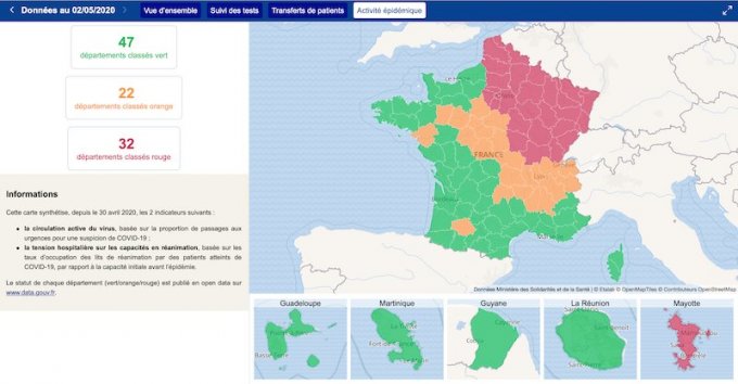 Carte : synthèse de l&apos;activité épidémique en France selon Santé publique France