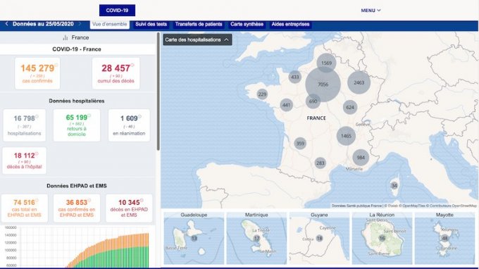 Carte des hospitalisations en France pour Covid-19 le 25 mai 2020 (date de dernière mise à jour)