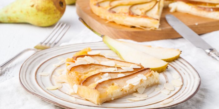 flavorous rustic open pie pear cheese cinnamon and almond