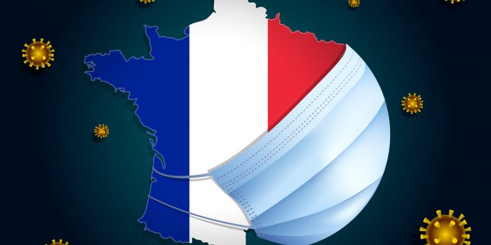 coronavirus or corona virus concept map with flag of france on background in a medical mask protects itself from ncov vir...
