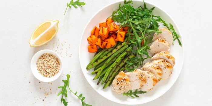 grilled chicken breast, fillet with butternut squash or pumpkin, green beans and fresh arugula salad, healthy food, top view