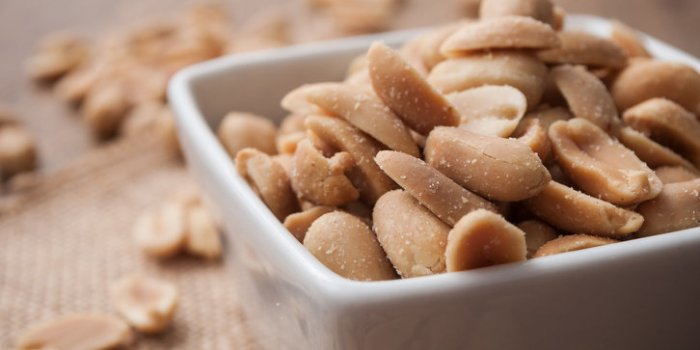 closeup of salted peanuts in a porcelain bowl on wooden background