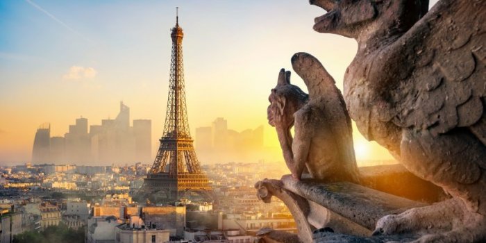 stone chimera and eiffel tower at sunset in paris, france