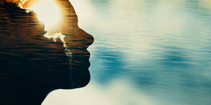 woman silhouette with sun in head with copy space multiple exposure image