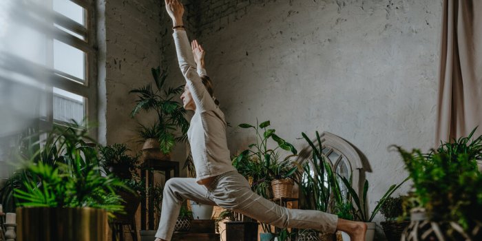 side view of yoga male instructor practicing asana standing in virabhadrasana 1, warrior pose, surrounded by houseplants ...