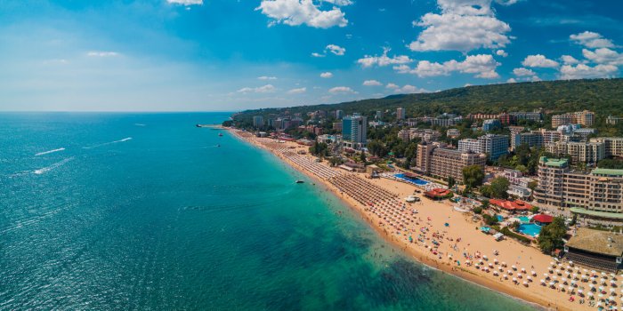 aerial view of golden sands beach resort, zlatni piasaci near varna, bulgaria