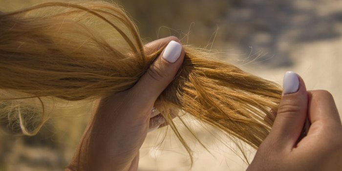 girl holding dry brittle hair brittle damaged tips, hair loss