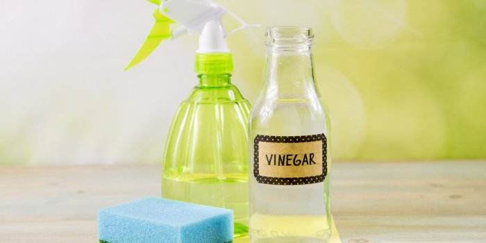chemical free home cleaner products concept using natural destilled white vinegar in spray bottle to remove stains tools ...