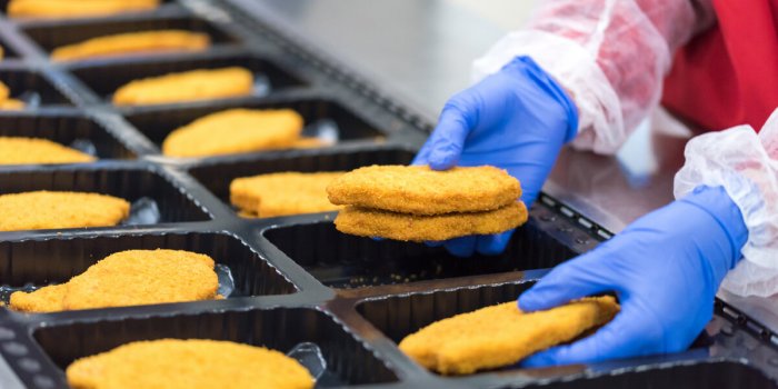 the worker in the factory places the chicken schnitzel