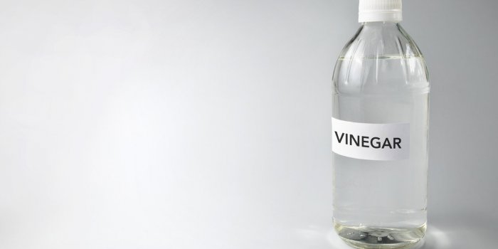 close-up of vinegar text on glass bottle against gray background