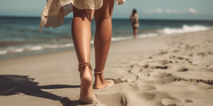women's legs on the beach near the sea travel concept ai generated, human enhanced
