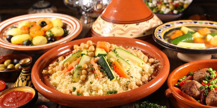 assorted of traditional moroccan tajine with dried fruits and spices