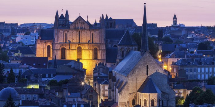 panorama of poitiers with cathedral of saint peter at sunset poitiers, nouvelle-aquitaine, france