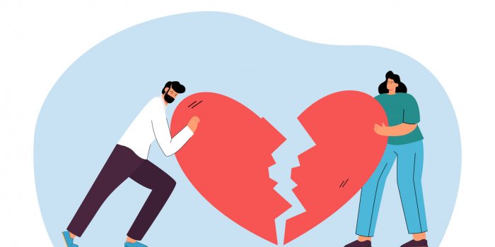 couple holding two parts of broken heart tiny man and woman with marriage problem flat vector illustration crisis of rela...