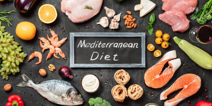mediterranean diet concept top view of food ingredients and chalkboard with words mediterranean diet in center dark backg...