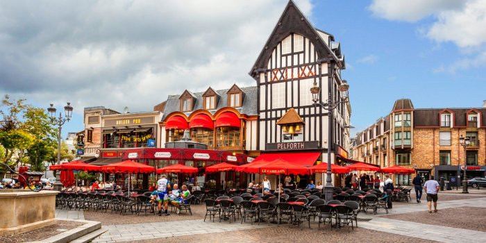 french cafe and bar outside dining in saint quentin, aisne, france on 7 july