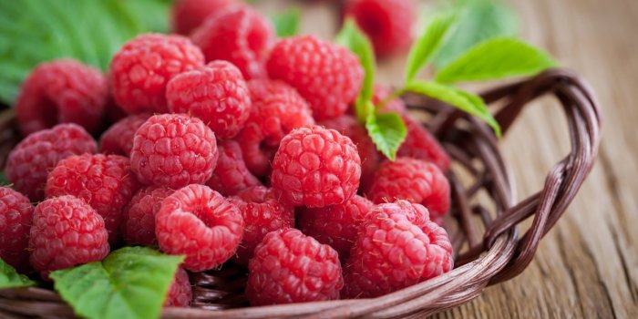 fresh organic ripe raspberry with leaf in basket, selective focus