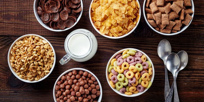 bowls of various cereals and milk from top view