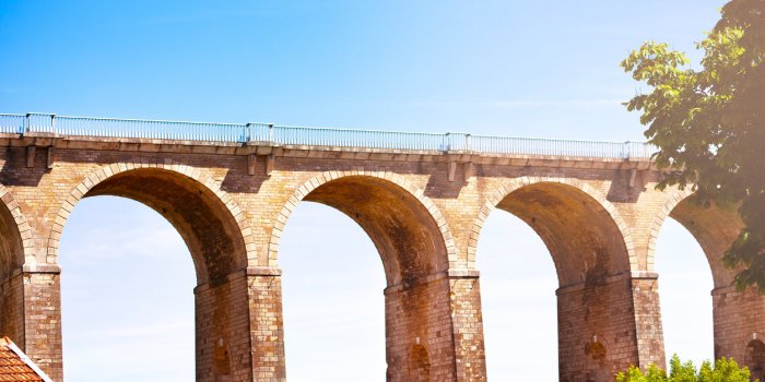 top level of arched chaumont viaduct with stone abutments, france, europe