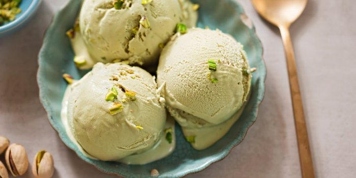 pistachio ice creams on blue plate