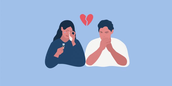 couple broke up wife holding wedding ring and crying unhappy husband vector illustration