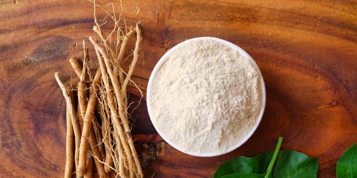 ashwagandha roots and powder known as withania somnifera in white bowl on wooden background indian ginseng, poison gooseb...