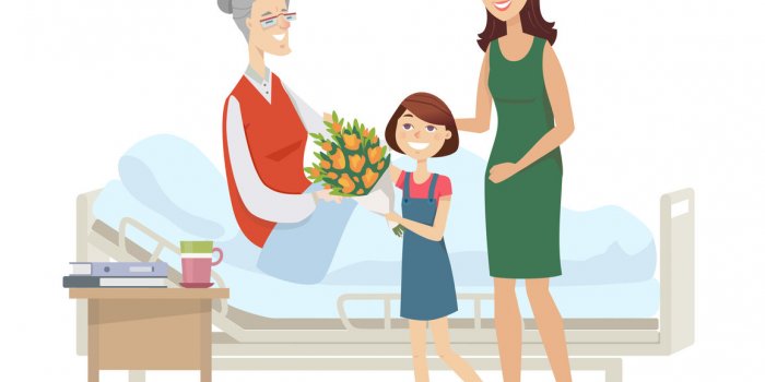 family visiting grandmother at hospital - flat design style illustration with cartoon characters senior woman in a bed ta...