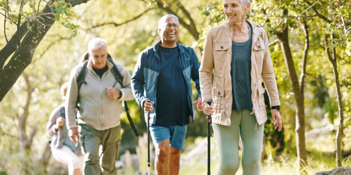 hiking, elderly and people, happy outdoor with nature, fitness and fun in park, exercise group trekking in boston diversi...