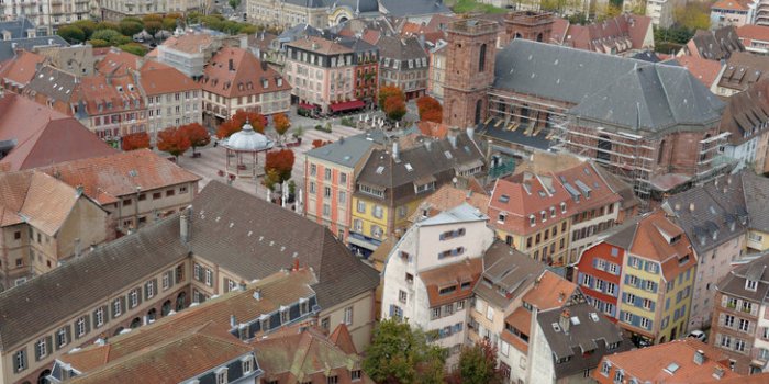rooftops of the old city of belfort aerial view of the historic houses and buildings arranged densely to each other view ...