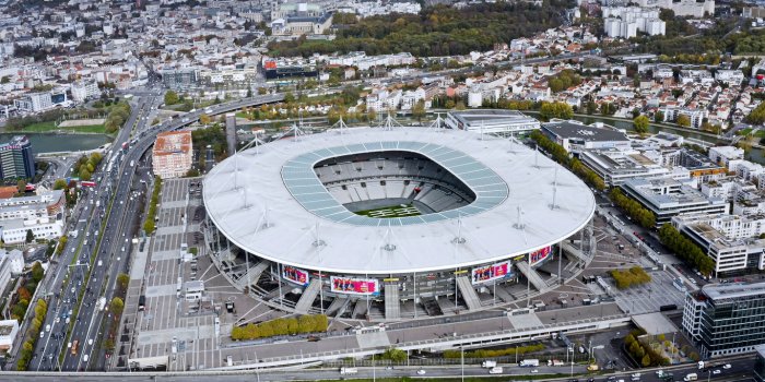 november 5, 2019, paris, france stade de france is the national stadium of france, in paris saint-denis, aerial above v...