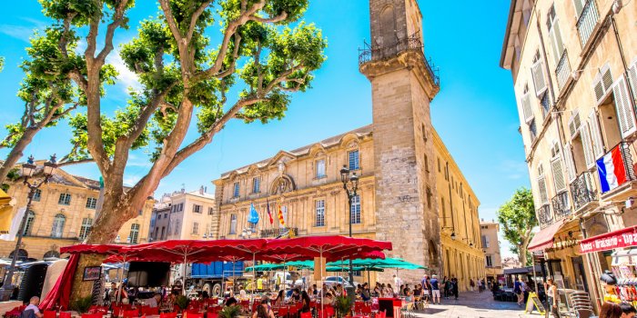aix-en-provence, france - june 20, 2016 central square with cafes and bars in the old town of aix-en-provence city on th...