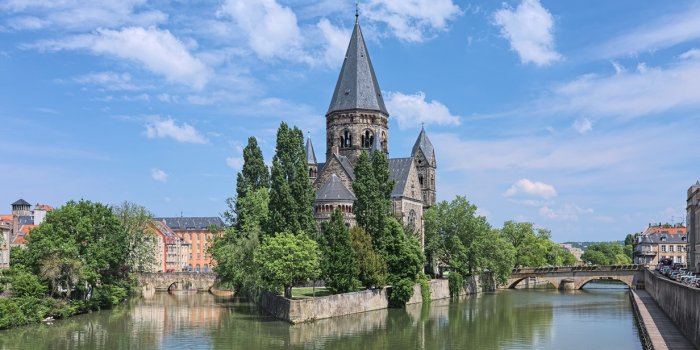 metz, france temple neuf (new temple), a protestant city church at the island of petit-saulcy on the moselle river the ch...