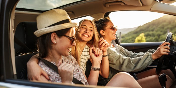 three best female friends travel togetherthey drives a car and making funsummer adventure