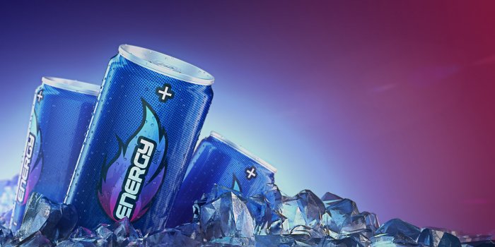 can of energy drink pass through ice cubes 3d rendering