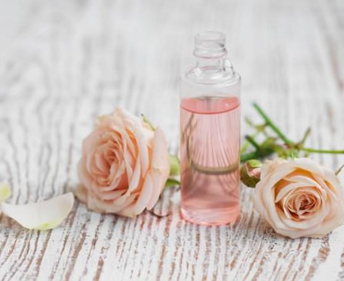 bouteille d-huile essentielle et roses roses