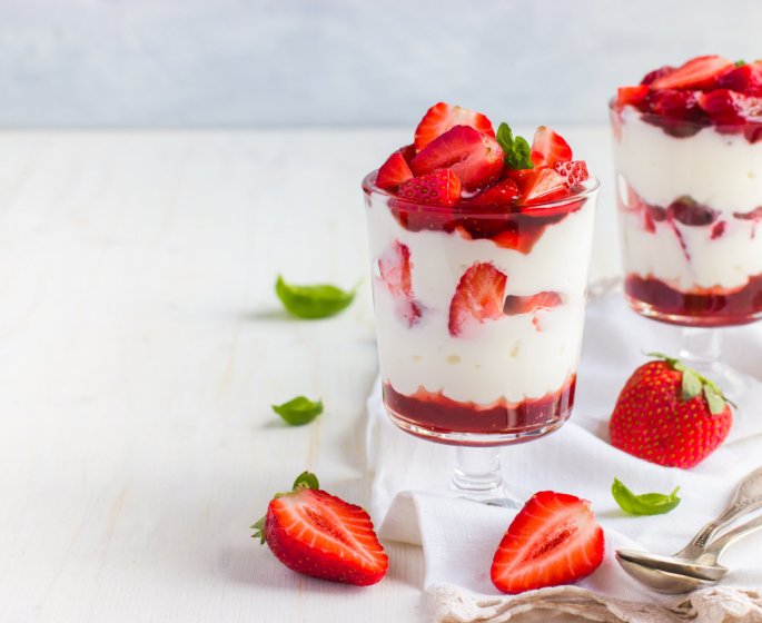 dessert with fresh strawberry, cream cheese and strawberry jam on glasses