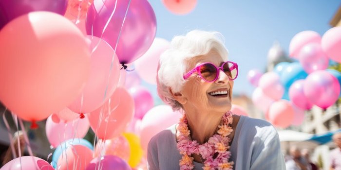 attractive bright senior woman celebrating her centenary against the background of colorful balloons
