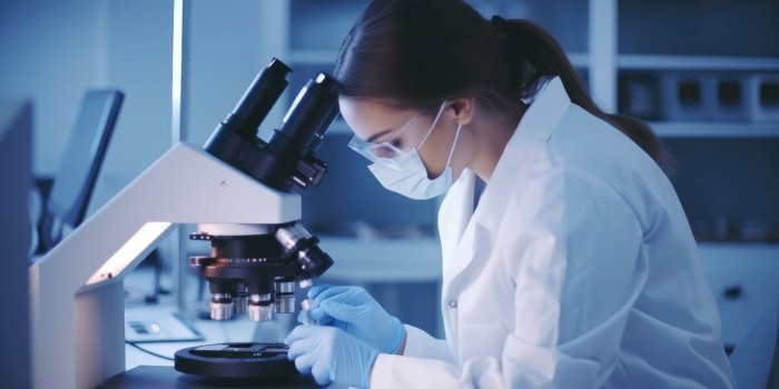 lab technician in a special uniform is performing a laboratory examination under a microscope the doctor performs the bio...